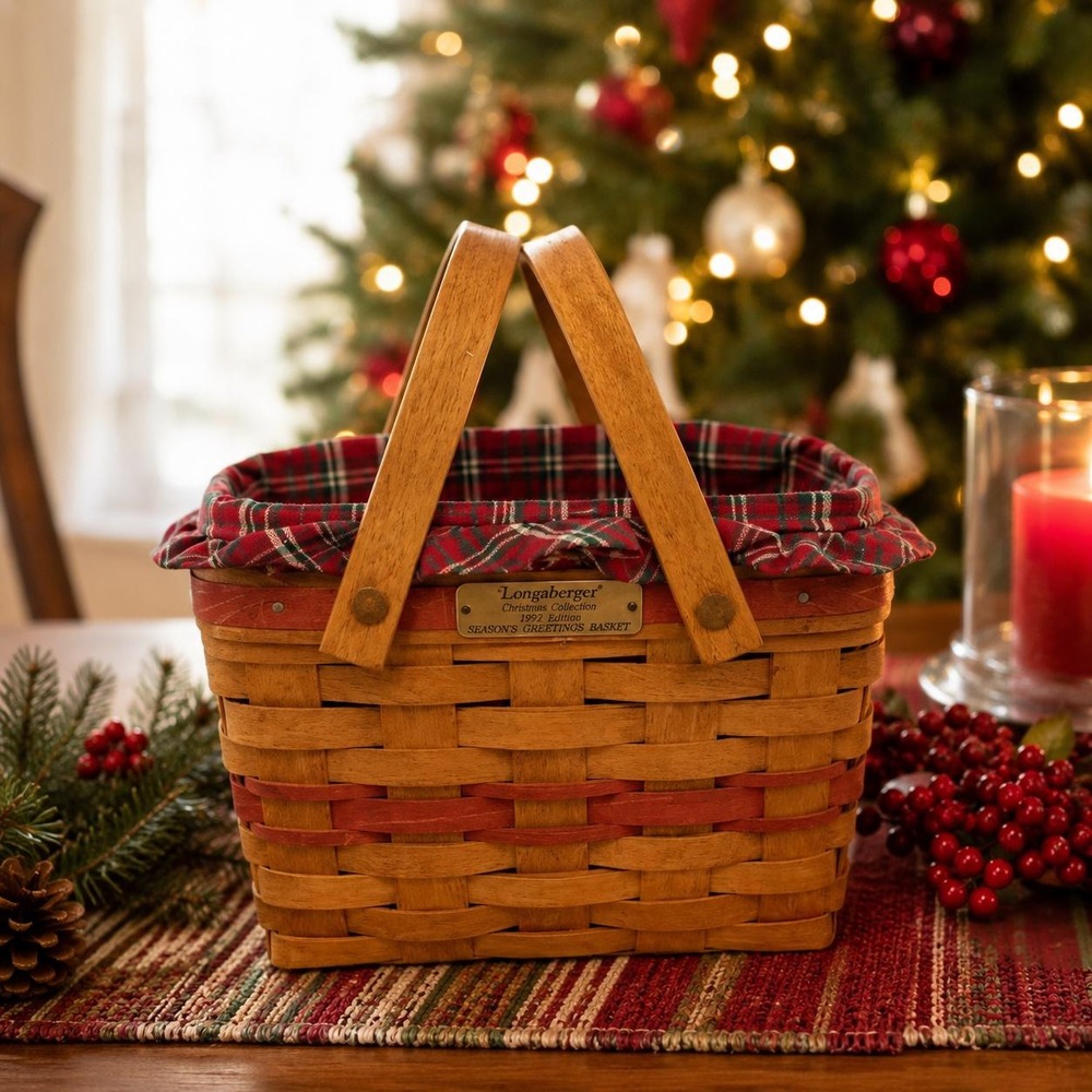 1992 Longaberger Season's Greetings Basket Christmas Plaid Liner Holiday Decor